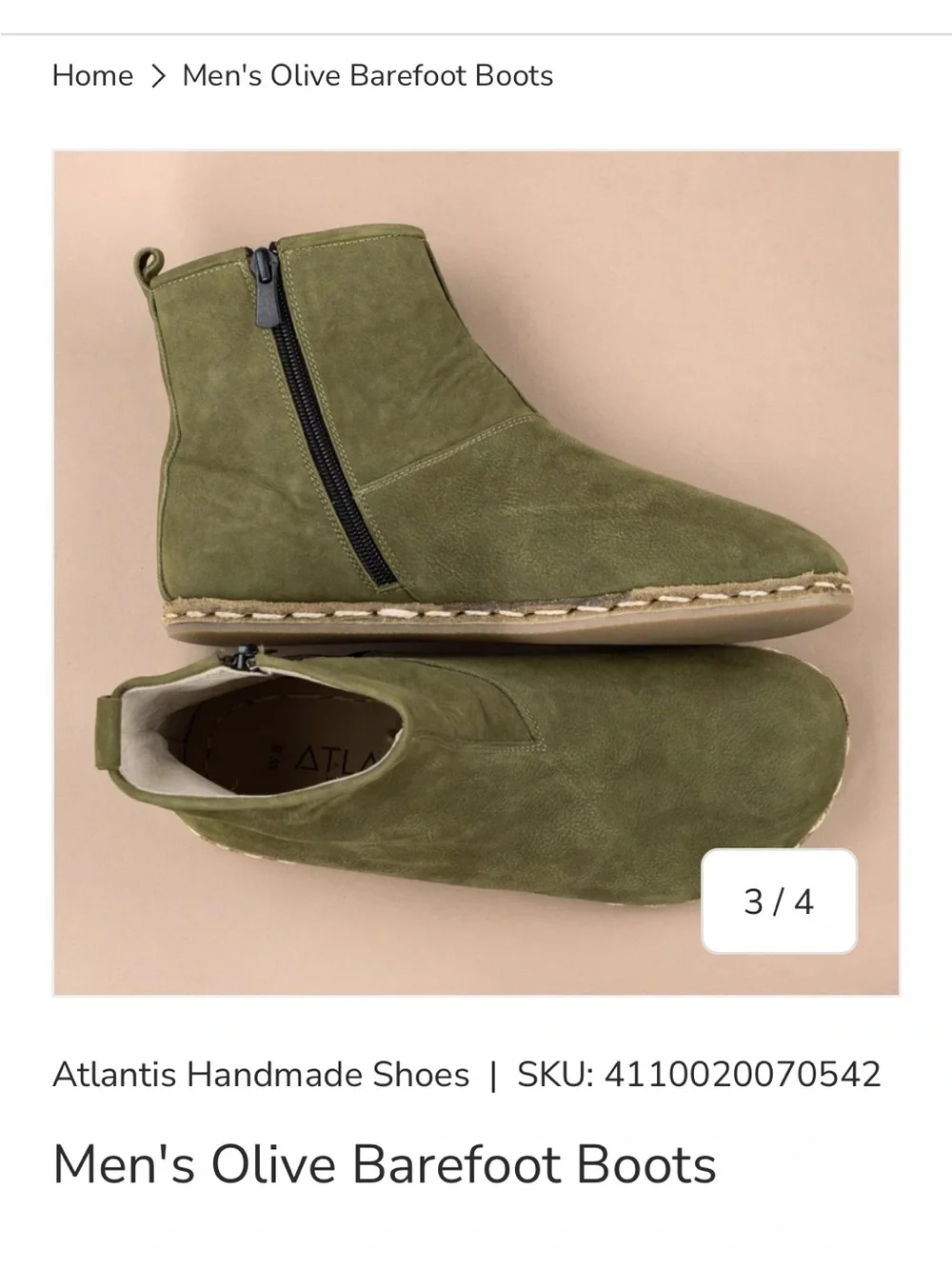 Men's Olive Suede Chukka Barefoot Boots with Side Zip Atlantis Handmade